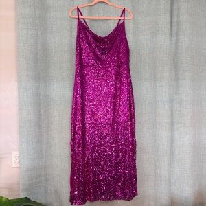 Taylor Fuchsia Sequin Cowl Neck Midi Dress Adjustable Straps Size 14